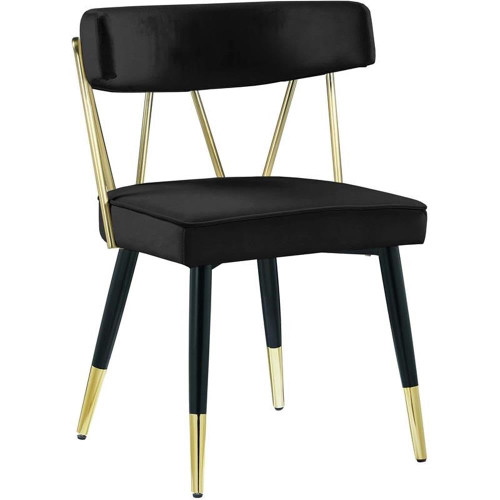 Velvet Upholstered Dining Chair with Gold Tipped Matte Black Metal Legs, Set of 2, Black, 22.5" W x 22.5" D x 32" H