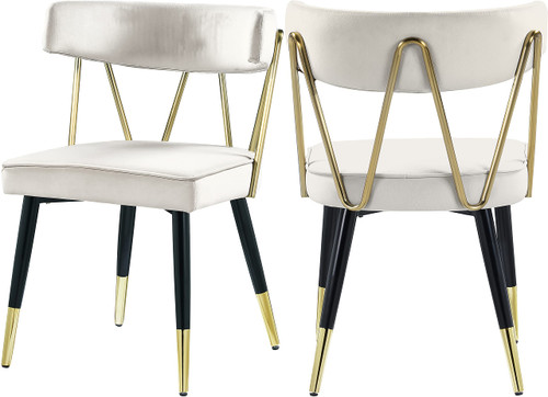Velvet Upholstered Dining Chair with Gold Tipped Matte Black Metal Legs, Set of 2, Cream, 22.5" W x 22.5" D x 32" H