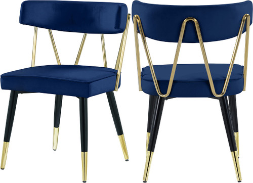 Velvet Upholstered Dining Chair with Gold Tipped Matte Black Metal Legs, Set of 2, Navy, 22.5" W x 22.5" D x 32" H