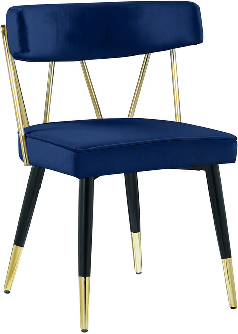 Velvet Upholstered Dining Chair with Gold Tipped Matte Black Metal Legs, Set of 2, Navy, 22.5" W x 22.5" D x 32" H