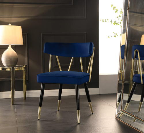 Velvet Upholstered Dining Chair with Gold Tipped Matte Black Metal Legs, Set of 2, Navy, 22.5" W x 22.5" D x 32" H
