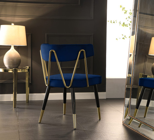 Velvet Upholstered Dining Chair with Gold Tipped Matte Black Metal Legs, Set of 2, Navy, 22.5" W x 22.5" D x 32" H