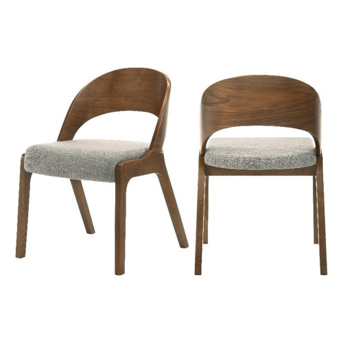Mid-Century Modern Dining Chair, Soft Grey Linen Textured Polyester Fabric, Walnut Veneer, Wood Legs, 19.88" W x 23.03" D x 30.20" H, Grey, Set of 2