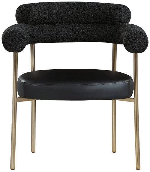Vegan Leather/Boucle Fabric Upholstered Dining Chair with Brushed Brass Metal Frame, 28.5" W x 24" D x 31.5" H, Black, Set of 2