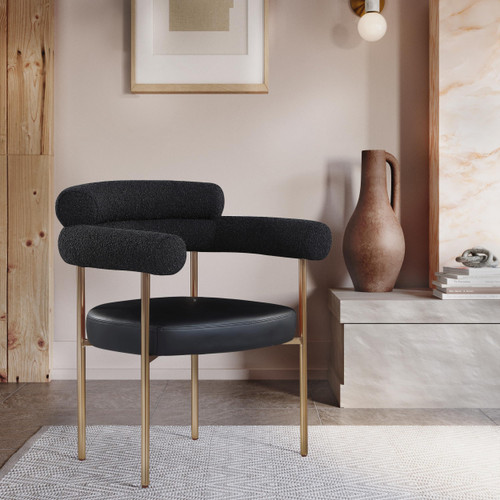 Vegan Leather/Boucle Fabric Upholstered Dining Chair with Brushed Brass Metal Frame, 28.5" W x 24" D x 31.5" H, Black, Set of 2