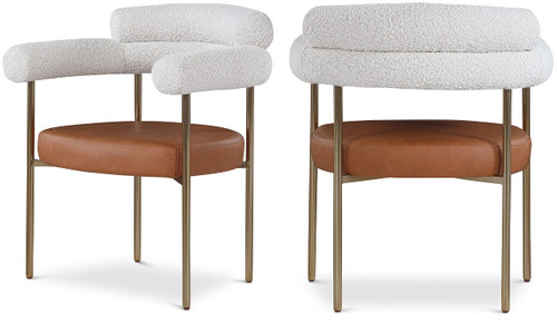 Vegan Leather/Boucle Fabric Upholstered Dining Chair with Brushed Brass Metal Frame, 28.5" W x 24" D x 31.5" H, Cognac, Set of 2