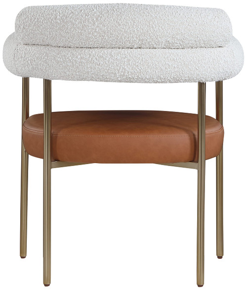 Vegan Leather/Boucle Fabric Upholstered Dining Chair with Brushed Brass Metal Frame, 28.5" W x 24" D x 31.5" H, Cognac, Set of 2