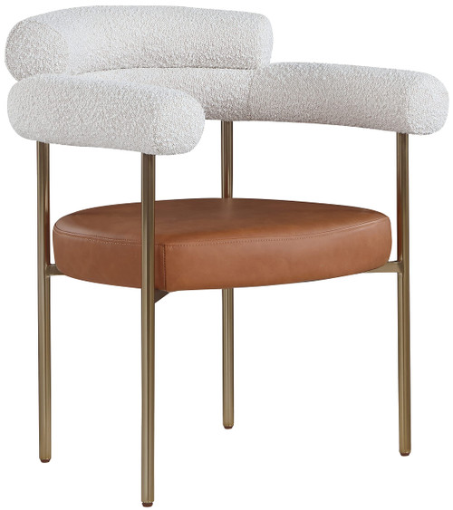Vegan Leather/Boucle Fabric Upholstered Dining Chair with Brushed Brass Metal Frame, 28.5" W x 24" D x 31.5" H, Cognac, Set of 2