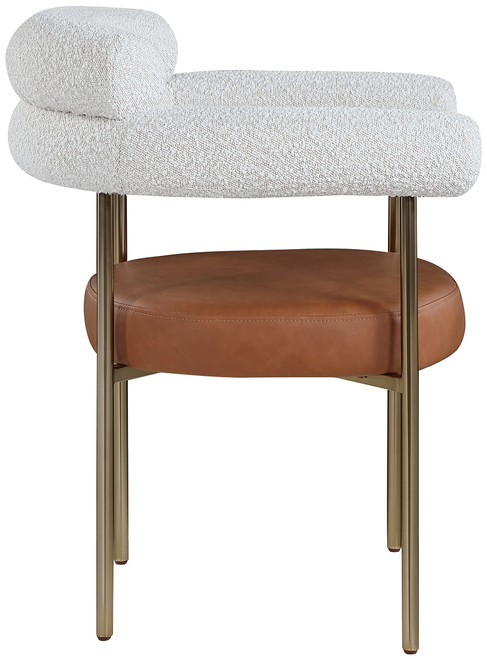 Vegan Leather/Boucle Fabric Upholstered Dining Chair with Brushed Brass Metal Frame, 28.5" W x 24" D x 31.5" H, Cognac, Set of 2