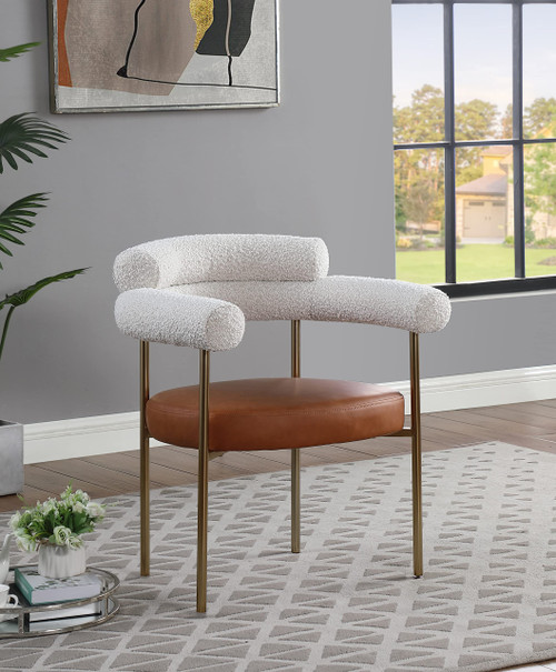 Vegan Leather/Boucle Fabric Upholstered Dining Chair with Brushed Brass Metal Frame, 28.5" W x 24" D x 31.5" H, Cognac, Set of 2