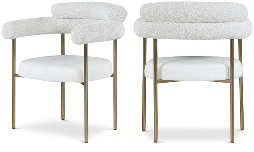 Vegan Leather/Boucle Fabric Upholstered Dining Chair with Brushed Brass Metal Frame, 28.5" W x 24" D x 31.5" H, Cream, Set of 2