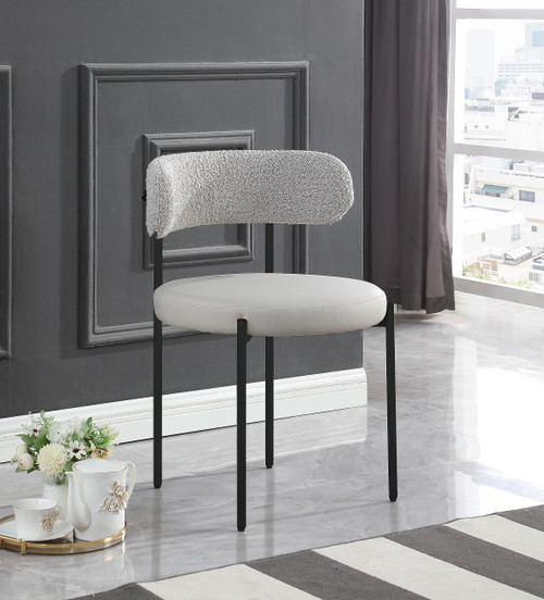 Modern Dining Chair with Taupe Vegan Leather Seat, Boucle Back, Matte Black Iron Frame, Set of 2