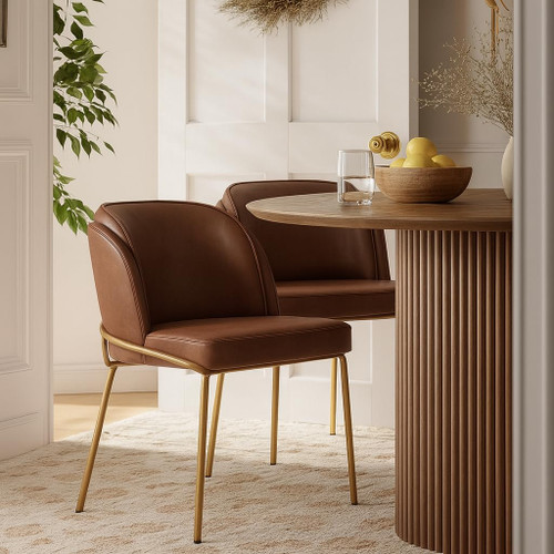 Dining Chair, Soft Brown Vegan Leather, Brushed Iron Legs, Rounded Double Cushion Back, 22" W x 23" D x 31" H, Brown, Set of 2