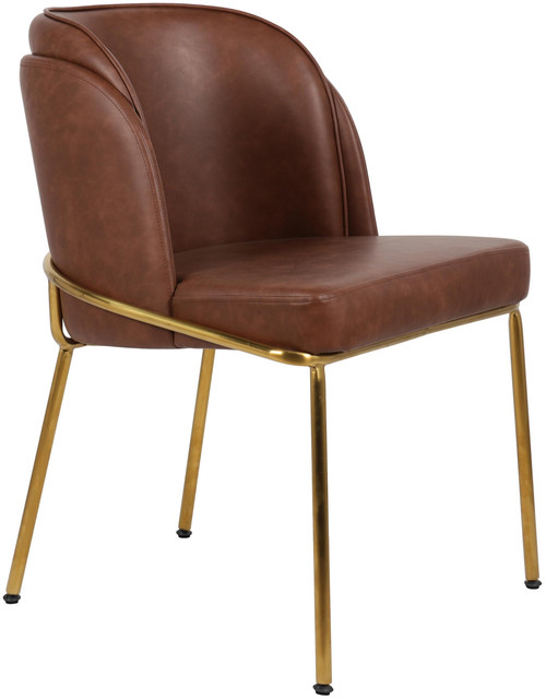 Dining Chair, Soft Brown Vegan Leather, Brushed Iron Legs, Rounded Double Cushion Back, 22" W x 23" D x 31" H, Brown, Set of 2