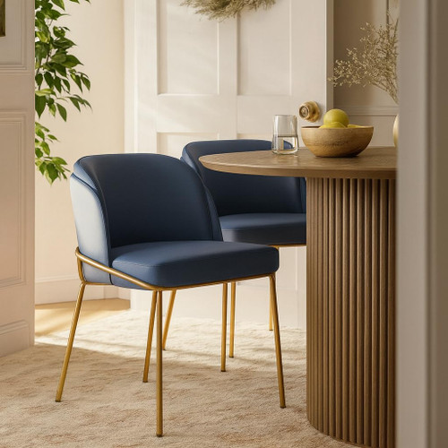 Dining Chair, Soft Navy Vegan Leather, Brushed Iron Legs, Rounded Double Cushion Back, 22" W x 23" D x 31" H, Navy, Set of 2