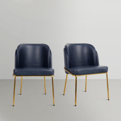 Dining Chair, Soft Navy Vegan Leather, Brushed Iron Legs, Rounded Double Cushion Back, 22" W x 23" D x 31" H, Navy, Set of 2