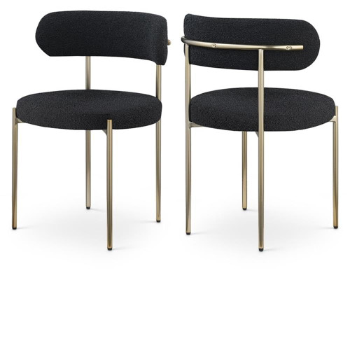 Upholstered Dining Chair, Rich Black Boucle Fabric, Brushed Brass Finish Iron Frame, 22" W x 21" D x 30" H, Black, Set of 2