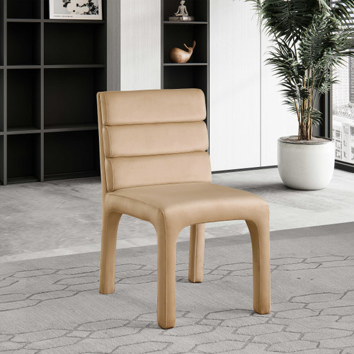 Velvet Upholstered Dining Chair with Luxurious Camel Velvet, Deep Channel Tufted Back, 19" W x 23" D x 34" H, Camel, Set of 2