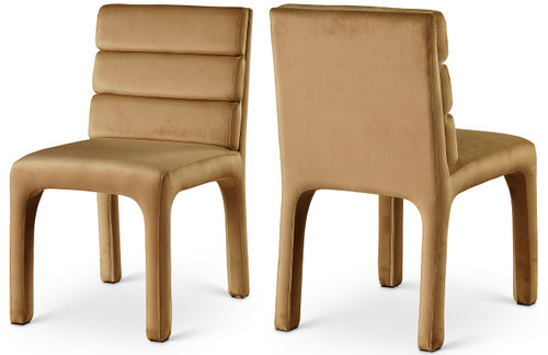 Velvet Upholstered Dining Chair with Luxurious Saddle Velvet, Deep Channel Tufted Back, 19" W x 23" D x 34" H, Saddle, Set of 2