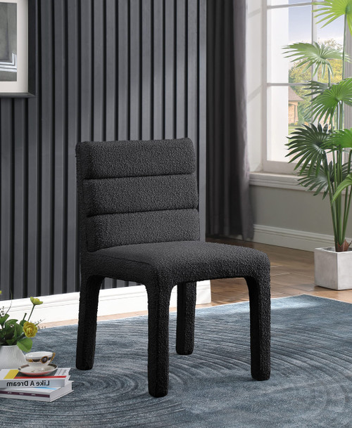 Boucle Fabric Upholstered Dining Chair, Rich Black Boucle Fabric, Deep Channel Tufted Back, 19" W x 23" D x 34" H, Black, Set of 2