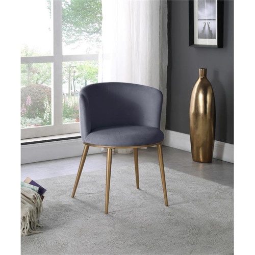 Upholstered Dining Chair with Rounded Back and Sturdy Iron Legs, Set of 2, Grey Velvet, Gold, 22.25" W x 23.25" D x 30" H