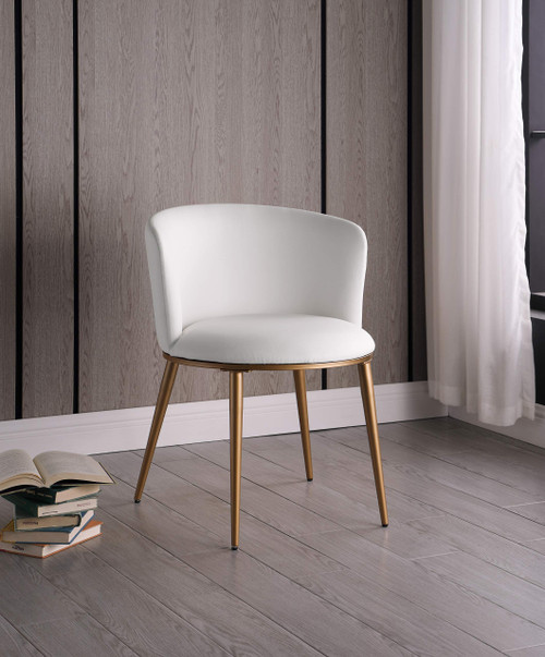 Upholstered Dining Chair with Rounded Back and Sturdy Iron Legs, Set of 2, 23.5" W x 23.5" D x 30" H, White Faux Leather, Gold