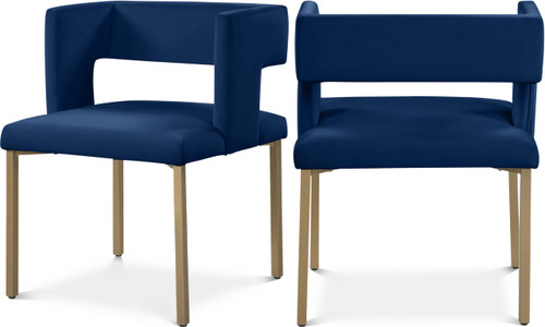 Upholstered Dining Chair with Unique Squared Back and Sturdy Iron Legs, Set of 2, 23" W x 21" D x 30" H, Navy Velvet, Gold