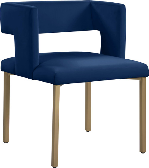Upholstered Dining Chair with Unique Squared Back and Sturdy Iron Legs, Set of 2, 23" W x 21" D x 30" H, Navy Velvet, Gold