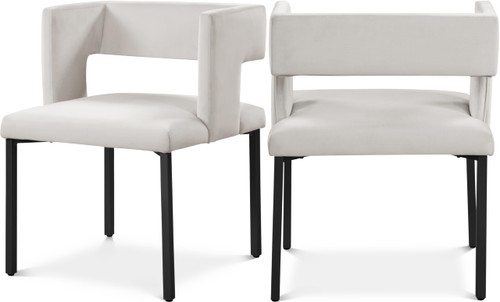 Upholstered Dining Chair with Unique Squared Back and Sturdy Iron Legs, Set of 2, 23" W x 21" D x 30" H, Cream Velvet, Matte Black