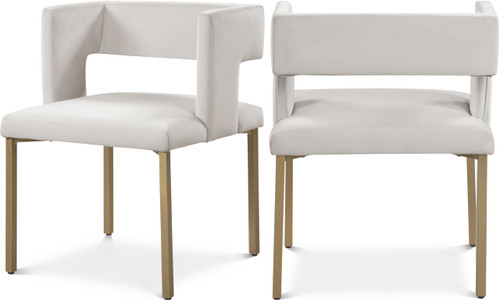 Upholstered Dining Chair with Unique Squared Back and Sturdy Iron Legs, Set of 2, 23" W x 21" D x 30" H, Cream Velvet, Gold