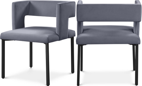 Upholstered Dining Chair with Unique Squared Back and Sturdy Iron Legs, Set of 2, 23" W x 21" D x 30" H, Grey Velvet, Matte Black