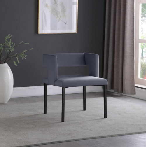 Upholstered Dining Chair with Unique Squared Back and Sturdy Iron Legs, Set of 2, 23" W x 21" D x 30" H, Grey Velvet, Matte Black
