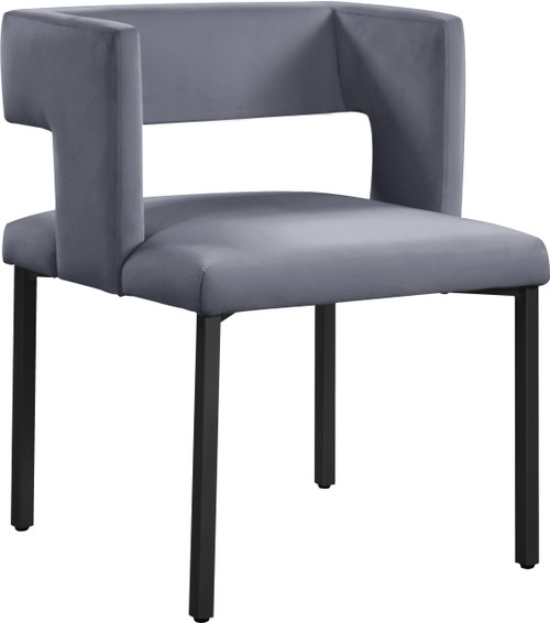 Upholstered Dining Chair with Unique Squared Back and Sturdy Iron Legs, Set of 2, 23" W x 21" D x 30" H, Grey Velvet, Matte Black
