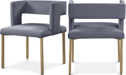 Upholstered Dining Chair with Unique Squared Back and Sturdy Iron Legs, Set of 2, Grey Velvet, Gold, 23" W x 21" D x 30" H