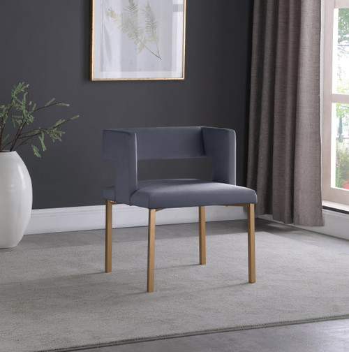 Upholstered Dining Chair with Unique Squared Back and Sturdy Iron Legs, Set of 2, Grey Velvet, Gold, 23" W x 21" D x 30" H