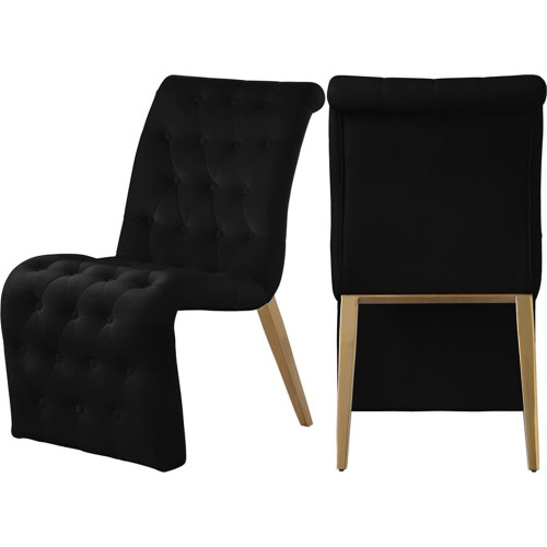 Velvet Upholstered Dining Chair with Deep Detailed Button Tufting and Gold Iron Legs, Black, 19.5" W x 30" D x 36.5" H, Set of 2