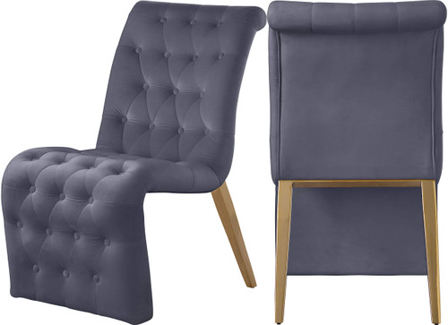 Velvet Upholstered Dining Chair with Deep Detailed Button Tufting and Gold Iron Legs, Grey, 19.5" W x 30" D x 36.5" H, Set of 2