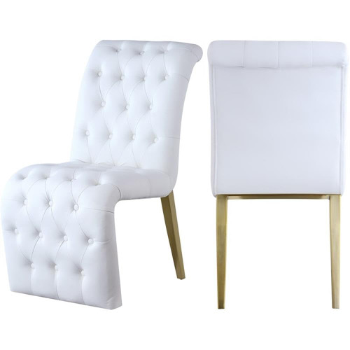 Vegan Leather Upholstered Dining Chair, Deep Detailed Button Tufting, Gold Iron Legs, White, 19.5" W x 30" D x 36.5" H, Set of 2
