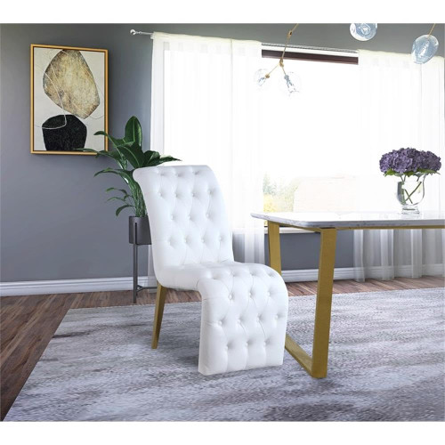 Vegan Leather Upholstered Dining Chair, Deep Detailed Button Tufting, Gold Iron Legs, White, 19.5" W x 30" D x 36.5" H, Set of 2