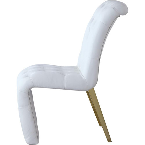 Vegan Leather Upholstered Dining Chair, Deep Detailed Button Tufting, Gold Iron Legs, White, 19.5" W x 30" D x 36.5" H, Set of 2