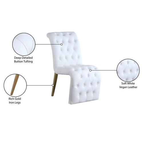Vegan Leather Upholstered Dining Chair, Deep Detailed Button Tufting, Gold Iron Legs, White, 19.5" W x 30" D x 36.5" H, Set of 2