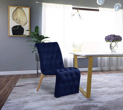 Velvet Upholstered Dining Chair with Deep Detailed Button Tufting and Gold Iron Legs, Navy, 19.5" W x 30" D x 36.5" H, Set of 2