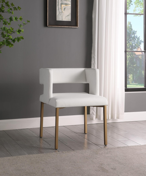 Upholstered Dining Chair with Unique Squared Back and Sturdy Iron Legs, Set of 2, 23" W x 21" D x 30" H, White Faux Leather, Gold