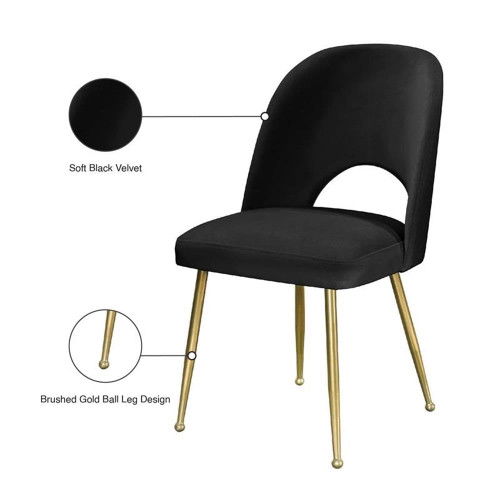 Velvet Upholstered Dining Chair with Brushed Gold Ball Design Legs, Set of 2, 20" W x 21.5" D x 34.5" H, Black