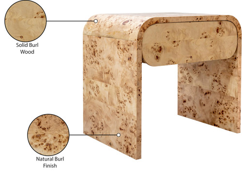 Mid-Century Modern Nightstand, Natural Burl Wood, 24" W x 18" D x 23" H