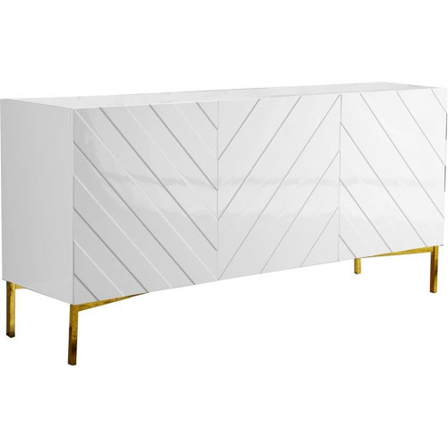 Collette Collection Modern | Contemporary Sideboard Buffet, Rich Gold Stainless Steel Base, White Laquer Finish, 64" W x 18" D x 31" H, Cabinet