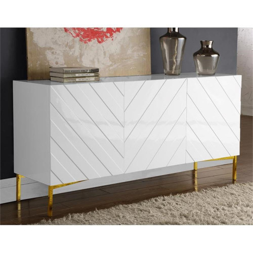Collette Collection Modern | Contemporary Sideboard Buffet, Rich Gold Stainless Steel Base, White Laquer Finish, 64" W x 18" D x 31" H, Cabinet