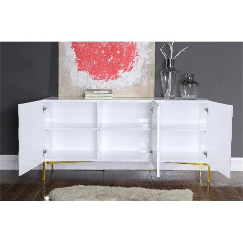 Collette Collection Modern | Contemporary Sideboard Buffet, Rich Gold Stainless Steel Base, White Laquer Finish, 64" W x 18" D x 31" H, Cabinet