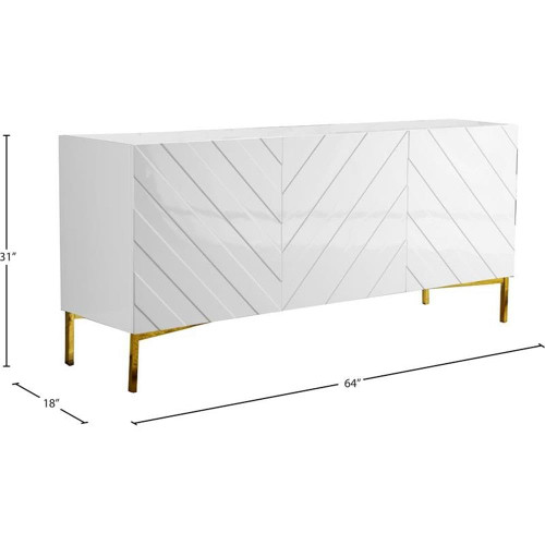Collette Collection Modern | Contemporary Sideboard Buffet, Rich Gold Stainless Steel Base, White Laquer Finish, 64" W x 18" D x 31" H, Cabinet