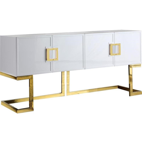 Beth Collection Modern | Contemporary Sideboard Buffet, Rich Gold Stainless Steel Base, White Laquer Finish, 64" W x 18" D x 31" H, Cabinet